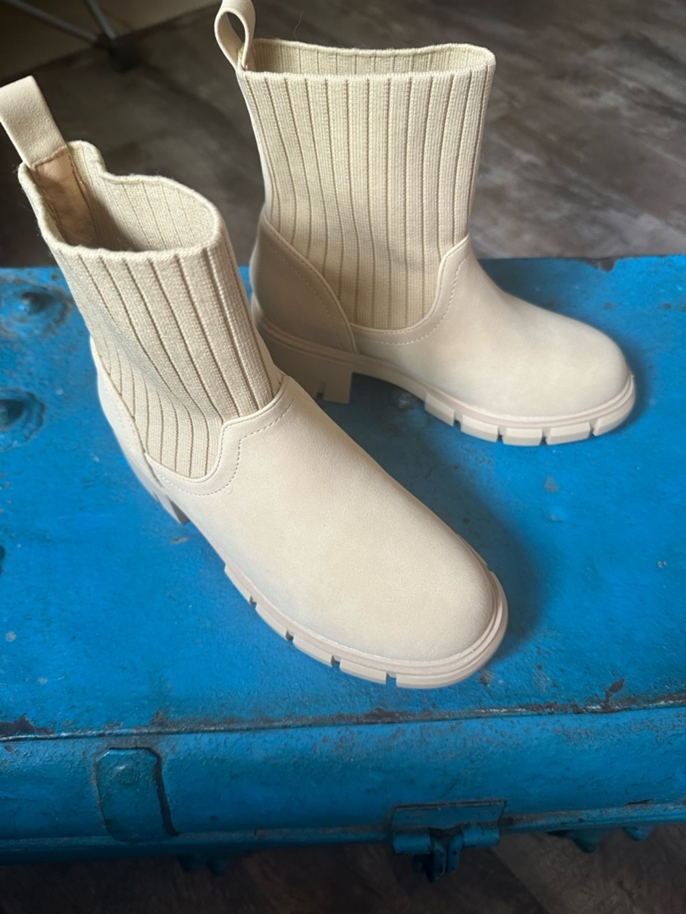 Kids Cream Ribbed Chelsea Boot with Chunky Sole
